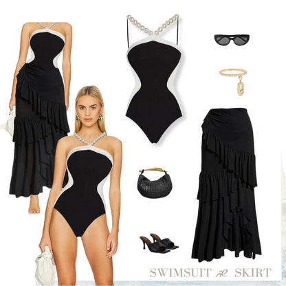 Beach Ready: Elegant Pearl Chain One Piece Swimsuit and Skirt Set