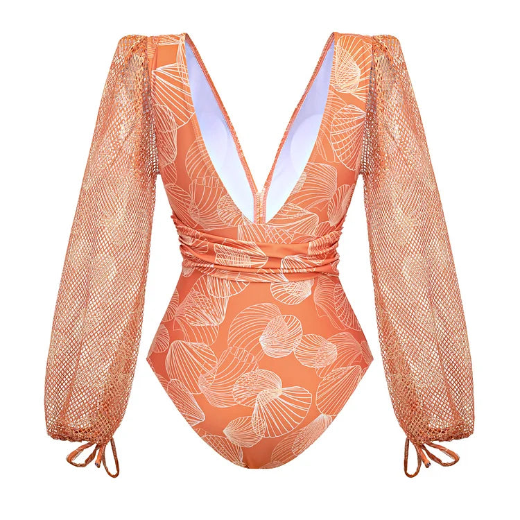 New V Neck Shell Print Swimsuit and Skirt Combo!