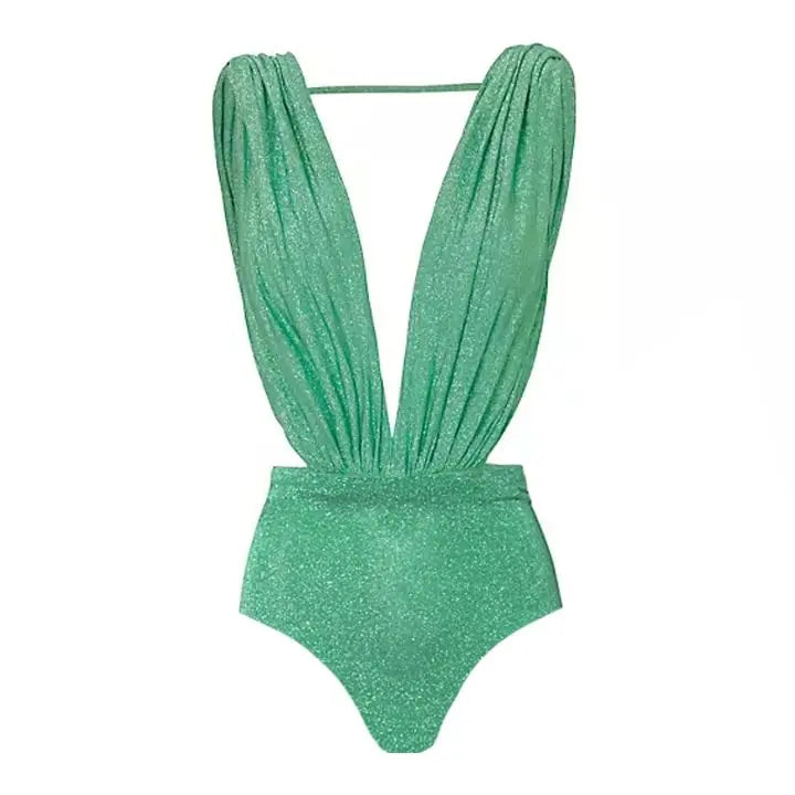 Shiny Aqua Green Deep Cut Swimsuit Set plunge neckline