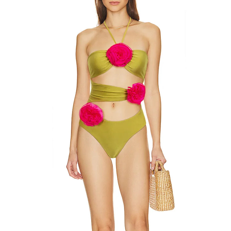 New 3D Flower Design swim suit Halter One Piece Matching  Skirt