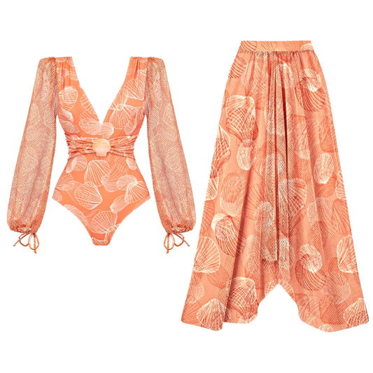 New V Neck Shell Print Swimsuit and Skirt Combo!