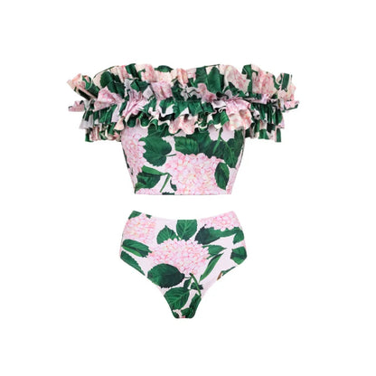 Bandeau Ruffle Floral Print Bikini Skirt Swimsuit set
