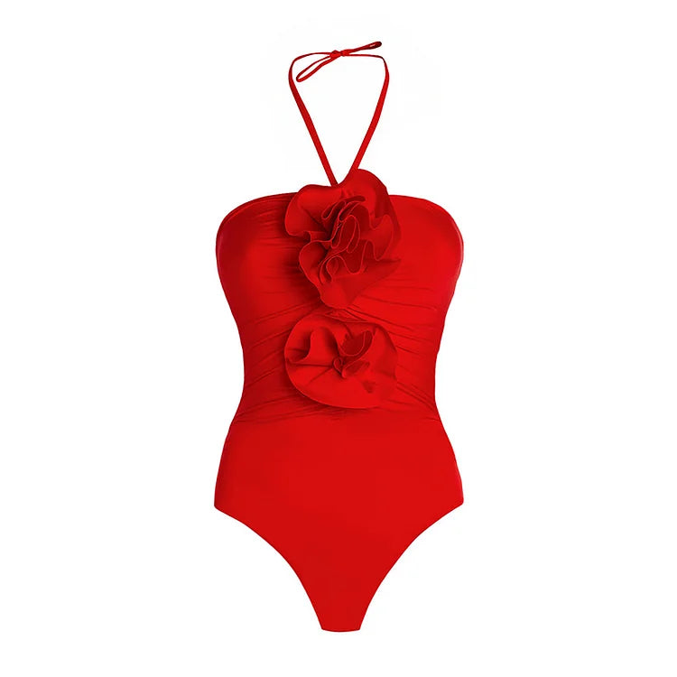 3D Flower detail One Piece Swimsuit and Skirt Set