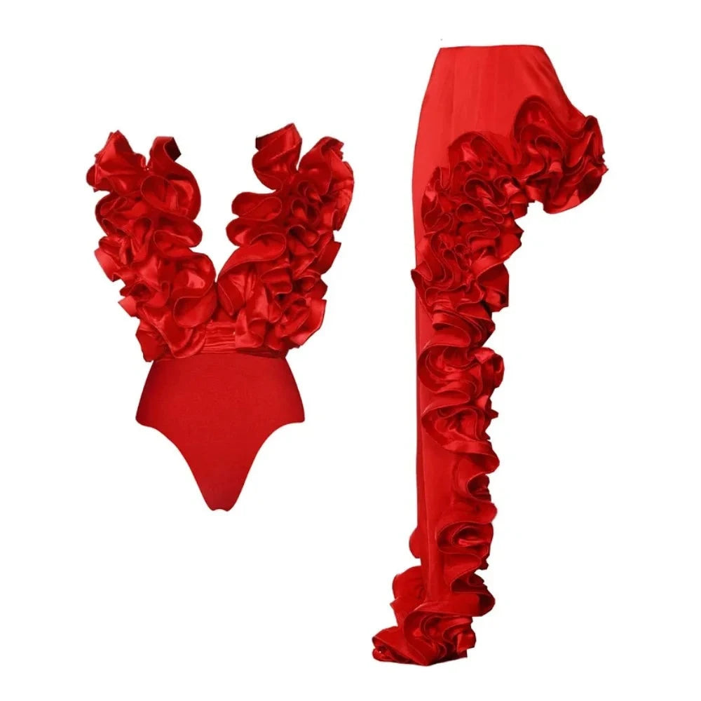 New Red 3D Flower One Piece Set Swimsuit and Sarong