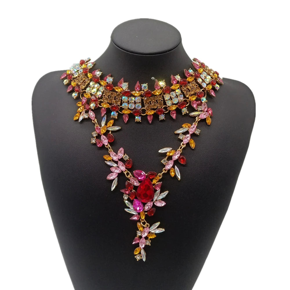 Fashion Chunky Gem Crystal Flower Statement Unique Starburst Pendant Rhinestone Choker Collar Necklace