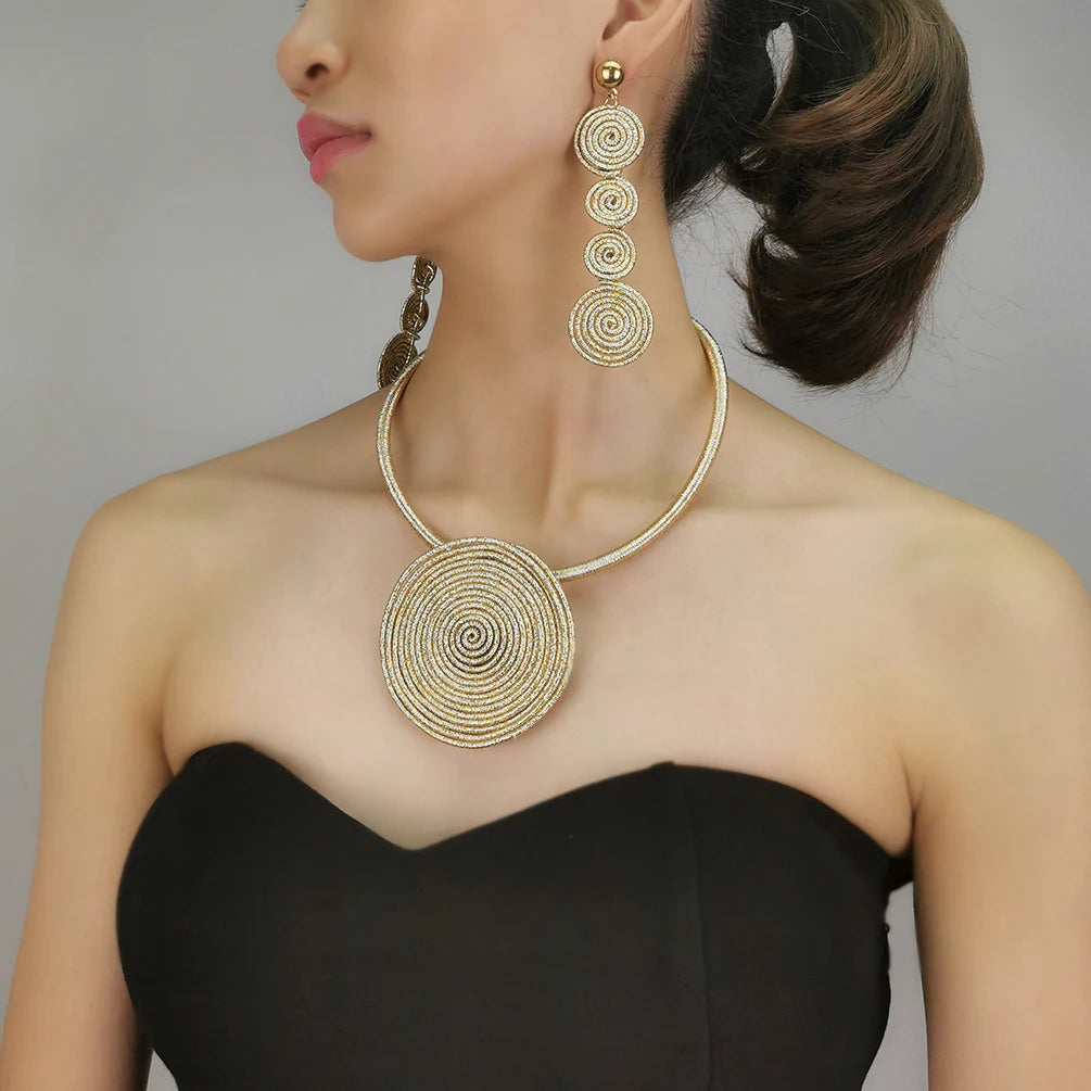 Handmade Circular Pendant Necklaces Collar Choker, Earrings Set