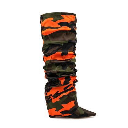 Camouflage Pleated Wedge Knee Boots