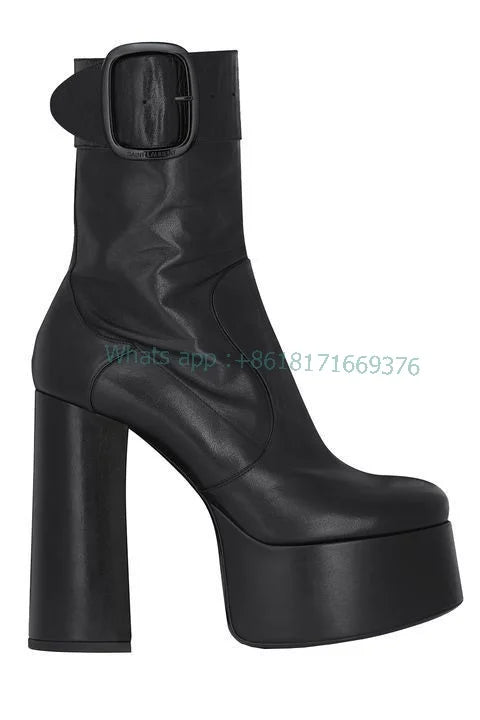 Buckle Black Leather Platform Ankle Boots