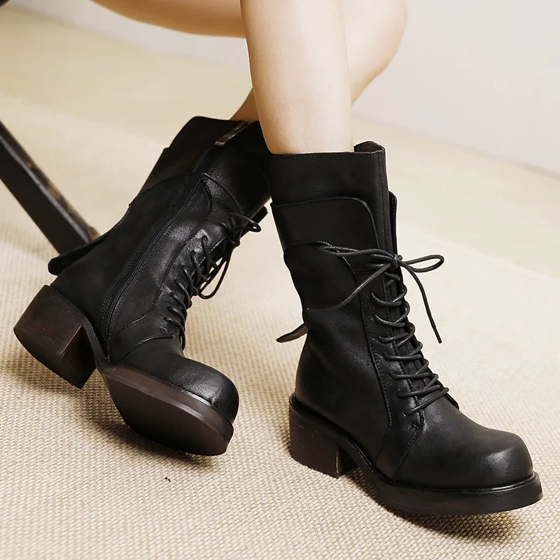 Retro    Genuine Leather Thick-soled Women Combat Boots
