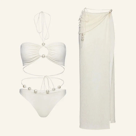 Pearl Accent Sexy Halterneck Tie Waist Bikini Two-piece
