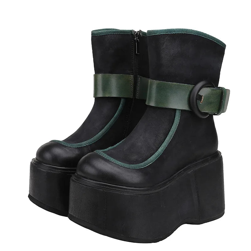 Genuine Leather Wedges Mid-Calf Boots
