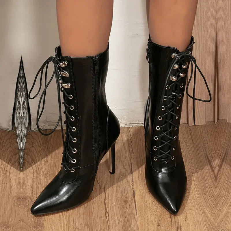 Women Ankle Boots Sexy Pointed Toe  High Heels Pumps  Zip Lace-Up