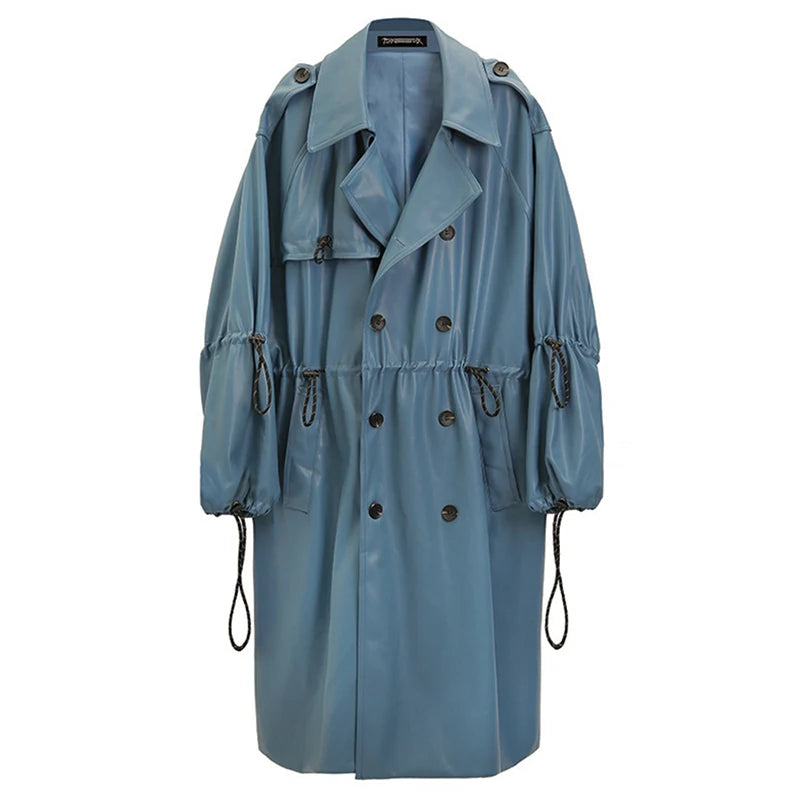 Oversized blue long leather trench coat