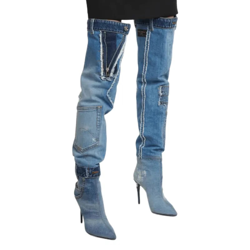 Washed Blue Thigh High  Boot Pointed Toe