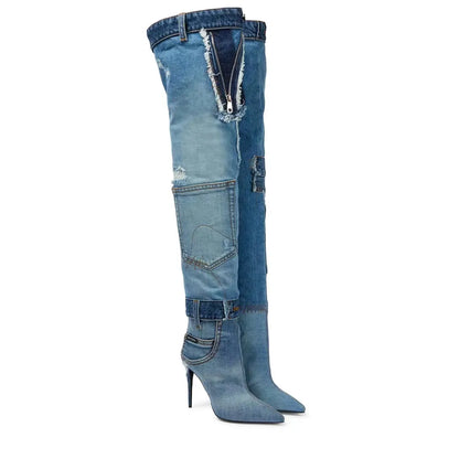 Washed Blue Thigh High  Boot Pointed Toe