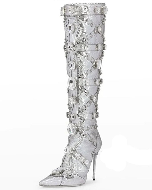 Crystal Gem Sliver Metallic Leather Knee High Boots Pointed
