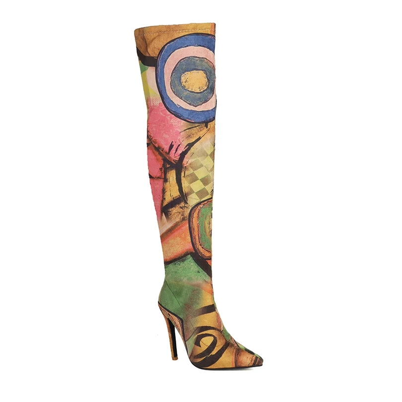 Art Graffiti Over Knee Boots Pointed Toe