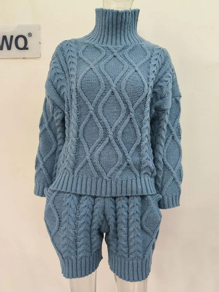 [EWQ] Women Turtleneck Solid Plaid Sweater+Waist Elastic Twists Knit Shorts 2023 Autumn Winter New Casual 2 Piece Set 16U3937