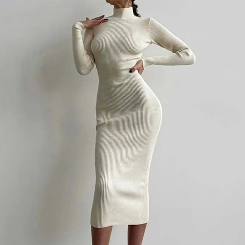 Knitted Turtleneck Dress  Long Sleeve Bodycon Dress