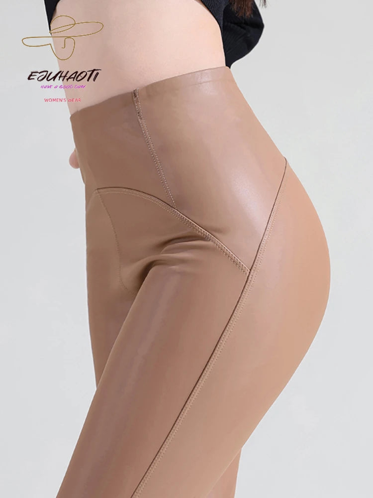 Sexy Pu Leather Leggings Ladies Winter High Waist Tights Stretch Soft Thin Fleece Pants