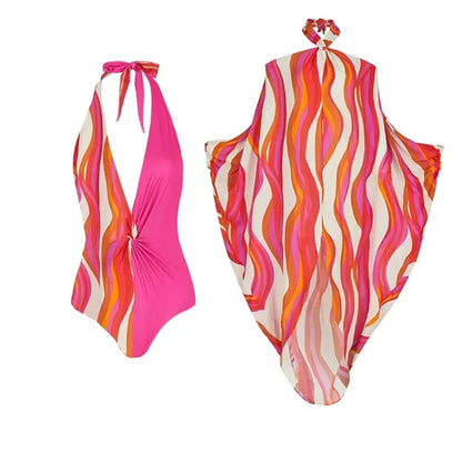 Off Shoulder Vintage Swimsuit sets Printed Onepiece  bikini set Swimsuit Sarong  Summer Swimwear Beachwear Bathing suit
