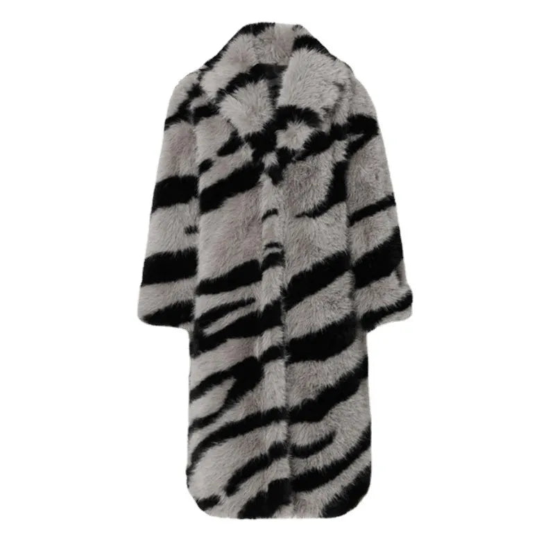 Zebra Print Vintage Thick Warm Long Faux Fur Coat