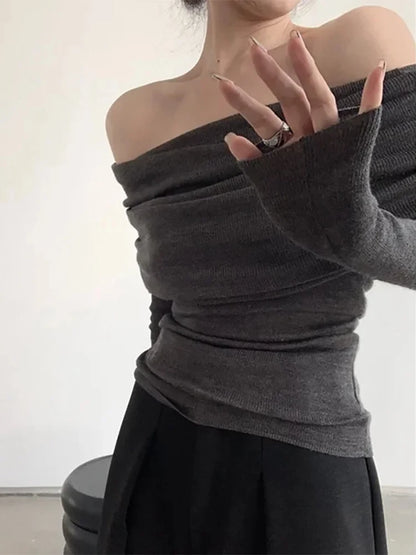 Long Sleeve Knitwear Solid Off Shoulder  Sweater