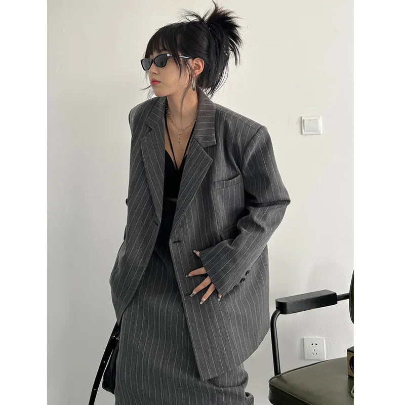 Funky Style Skirt Blazer  Pin  Striped Big Size Two Pieces Suit