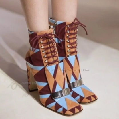 Mixed Color Geometric Cross Tied Boots