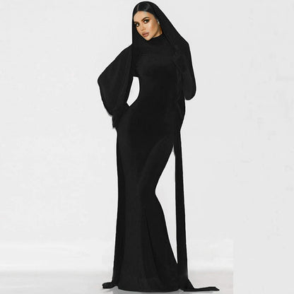 Hooded Cape Long Sleeves With Gloves Maxi Dress