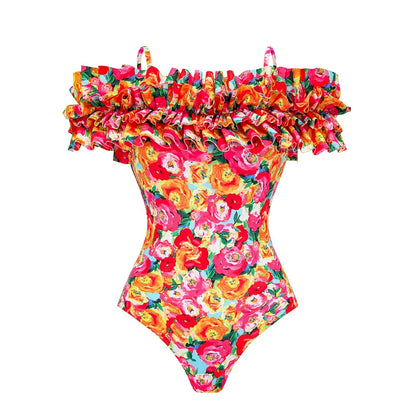 Off Shoulder Vintage Swimsuit sets Printed Onepiece  bikini set Swimsuit Sarong  Summer Swimwear Beachwear Bathing suit