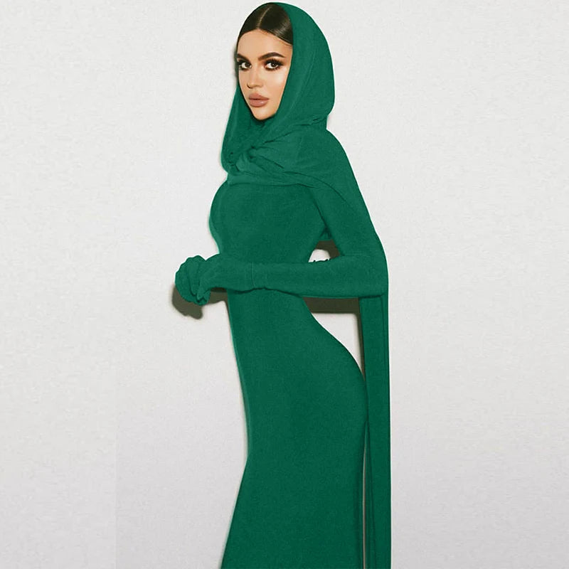 Hooded Cape Long Sleeves With Gloves Maxi Dress