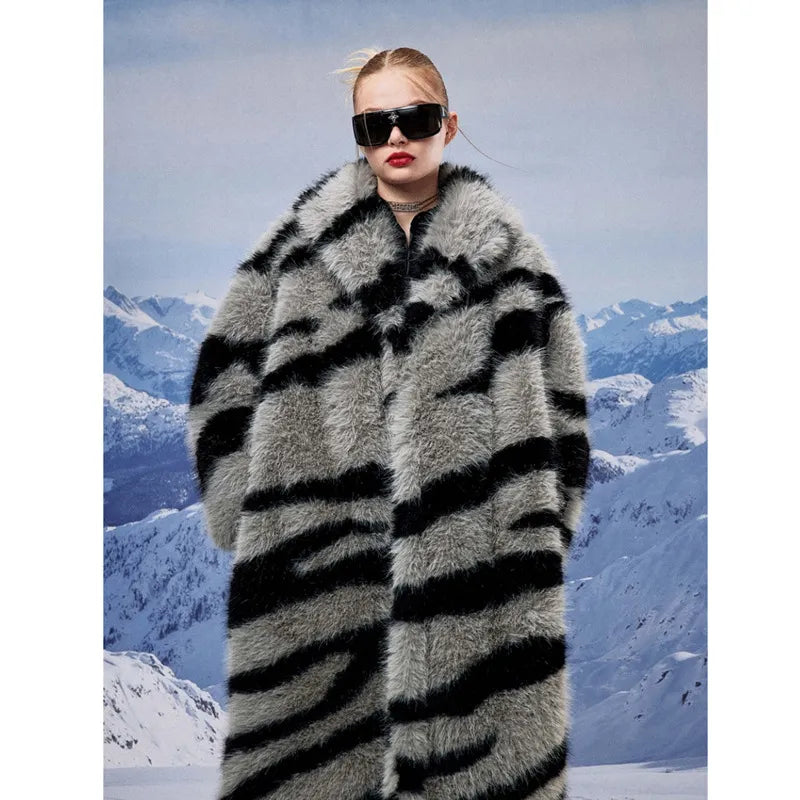 Zebra Print Vintage Thick Warm Long Faux Fur Coat