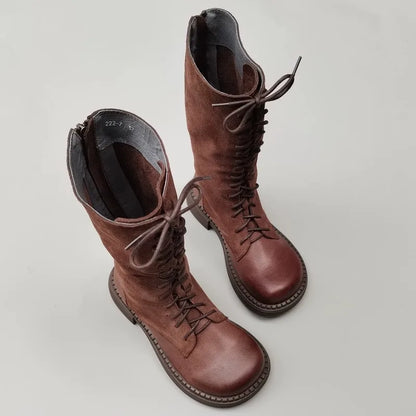 Riding Boots Genuine Leather Head Wide Women's Boots Long Kne-High Round Cowhide Suede Single Lace-up Women's shoes