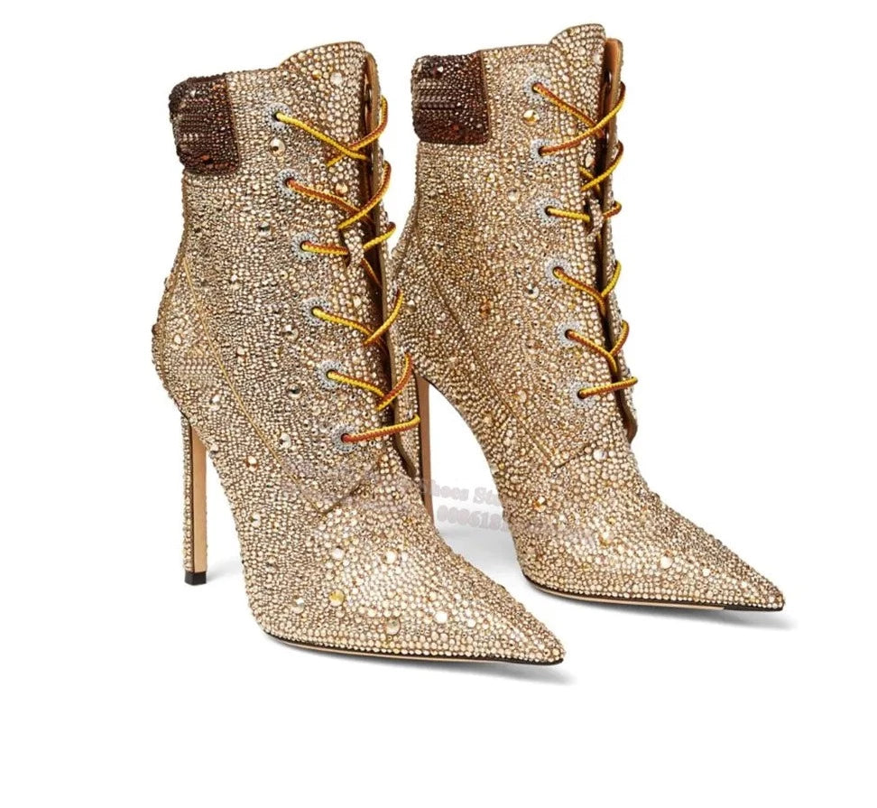 Rhinestone Boots Pointed Toe Thin Heel Ankle Boots