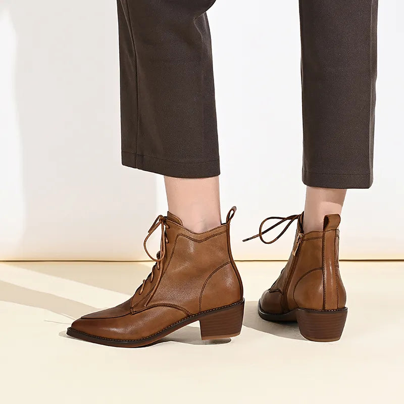 Genuine Leather Retro Women Pointed Toe Lace-Up  Ankle Boots