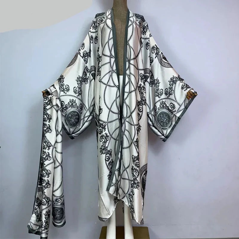 Print Self Belted Front Open Long Kimono kaftan Wrap Dresses
