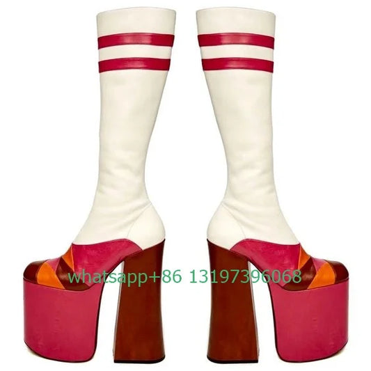 Lady white colorful PU Platform knee boots