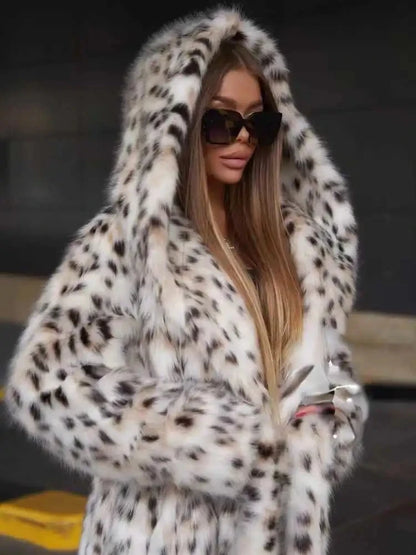 leopard-Print Fur Coat long hooded.