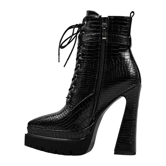 Black Booties Double Platform  Side Zipper Lace-up Ankle Boots