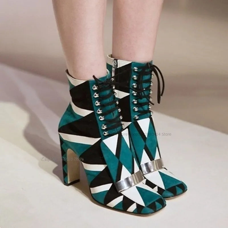 Mixed Color Geometric Cross Tied Boots