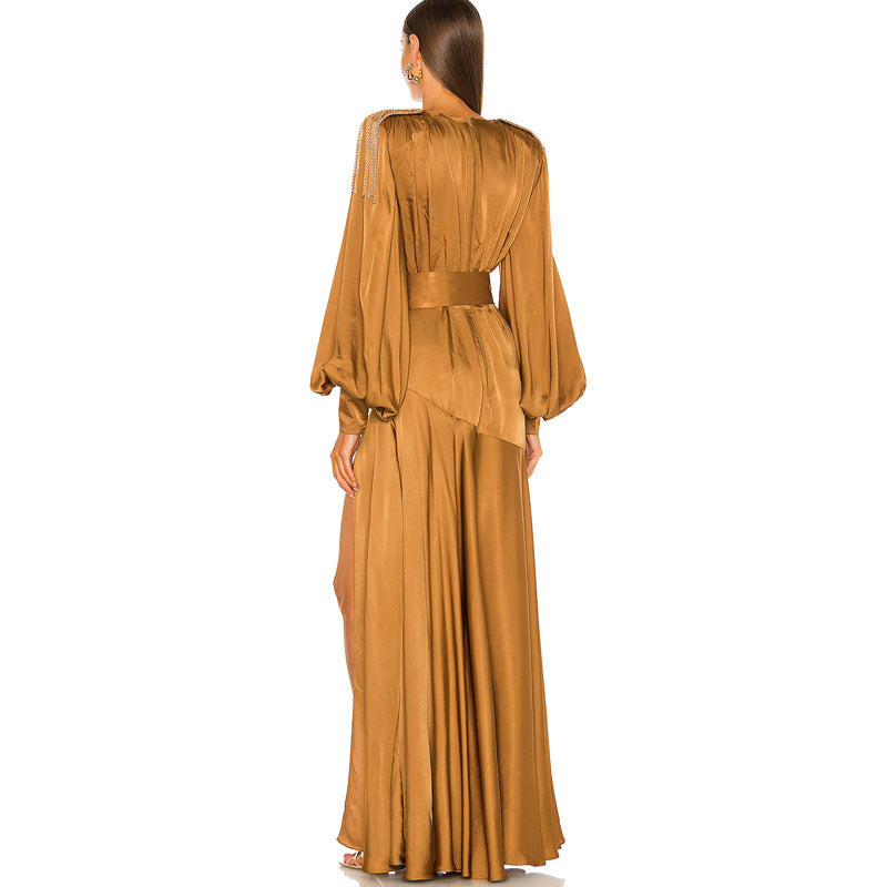 Flared Sleeve Slit Elegant Pleated Dress