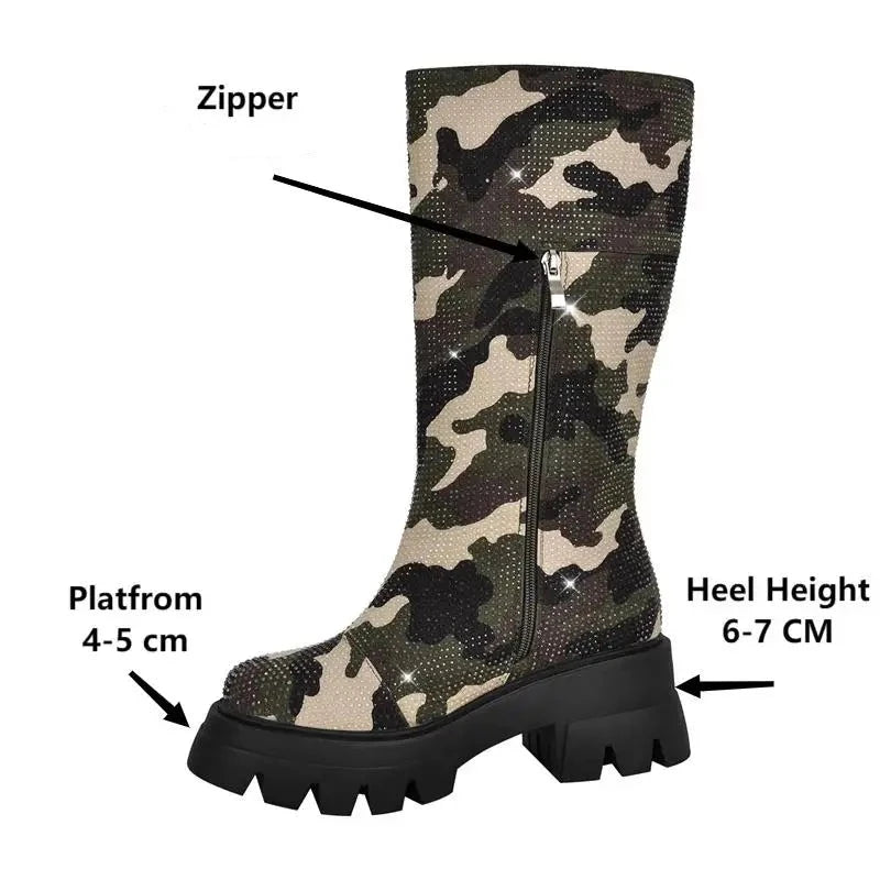 Women Platform Rhinestone Camouflage  Mid Calf Boots Chunky Heel