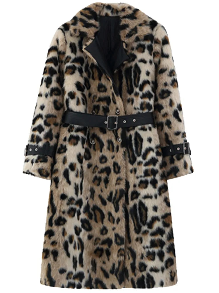 Leopard Print Warm Fluffy Faux Fur Trench Coat