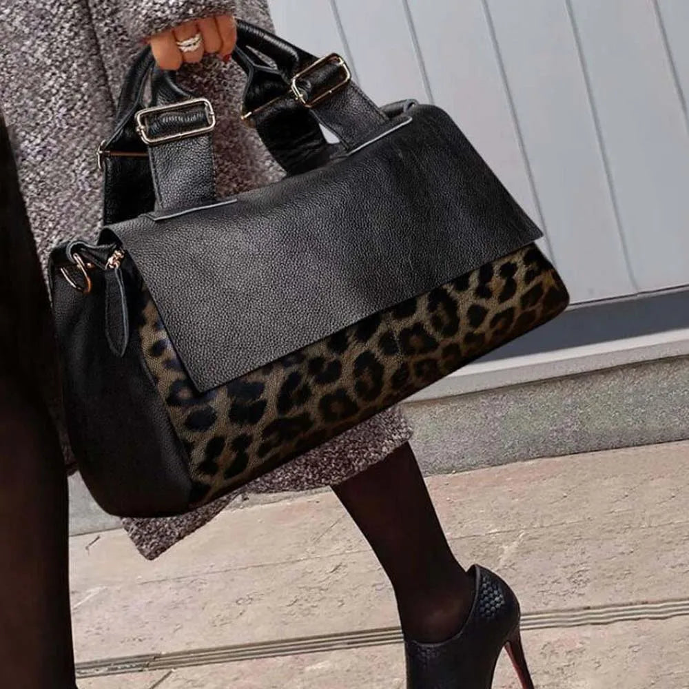 Genuine Leather Tote Handbags Leopard Accent