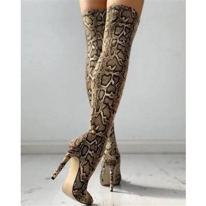 Snake Print Stretch Over Knee  boots