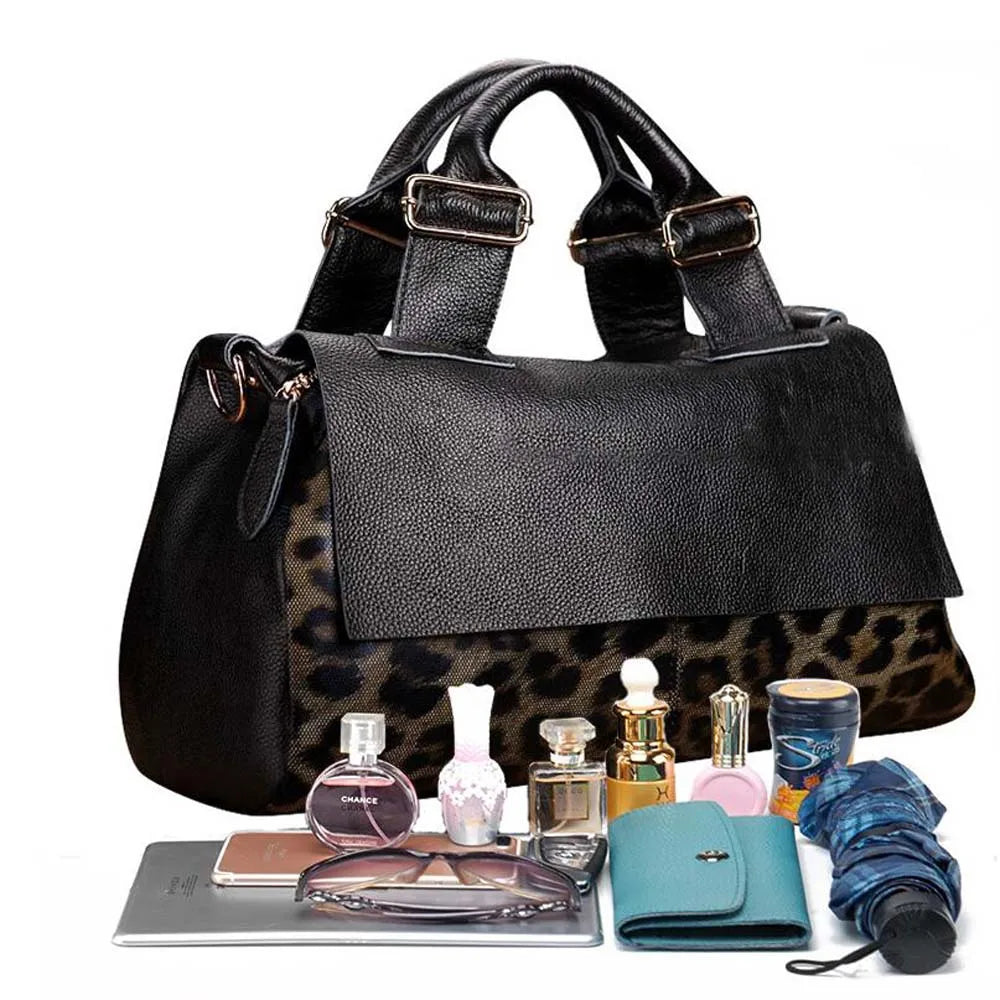 Genuine Leather Tote Handbags Leopard Accent