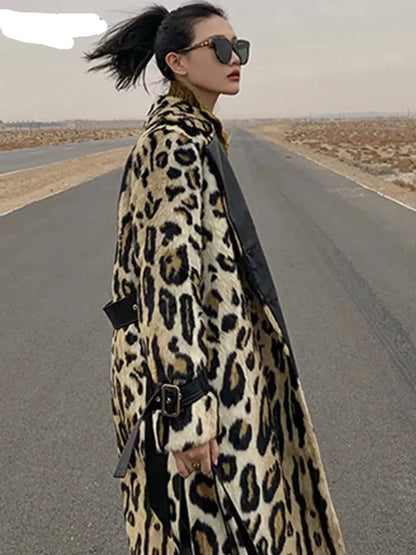 Leopard Print Warm Fluffy Faux Fur Trench Coat