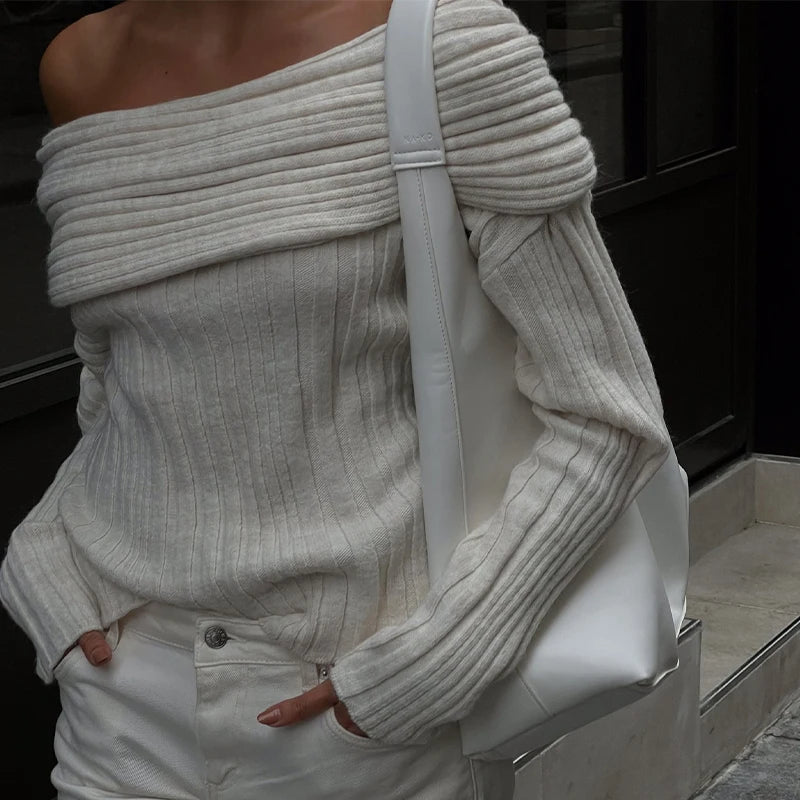 Elegant Solid Slash Neck Sweater