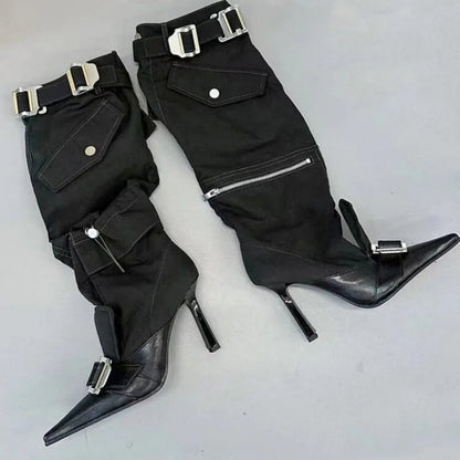 Pointed Knee Length Belt Buckle Motorcycle Boots